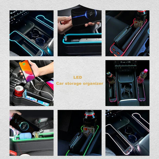 LED Car Seat Crevice Storage Box – Seat Gap Organizer with Cup Holder & Dual USB Charging Ports