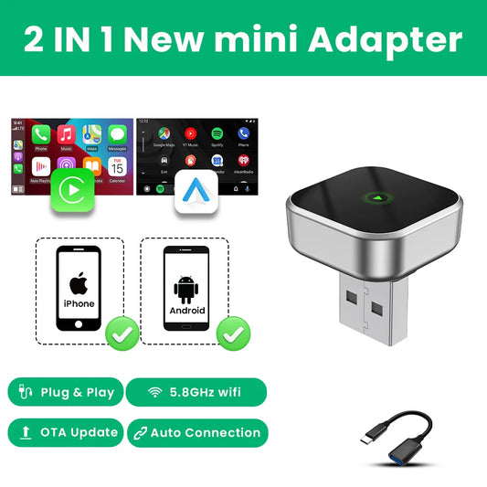2-in-1 Wireless CarPlay & Android Auto Adapter – Smart Dongle with Plug & Play & OTA Updates