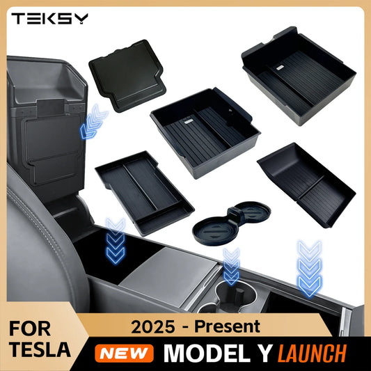 Tesla New Model Y 2025 Launch Juniper ABS Storage Box – With Silicone Non-slip Mat for Console, Armrest & Upper/Lower Water Cup