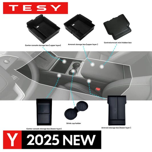 Tesla Model Y 2025 Juniper Console & Armrest Flocking Storage Box + Cup Holder + Camera Cover
