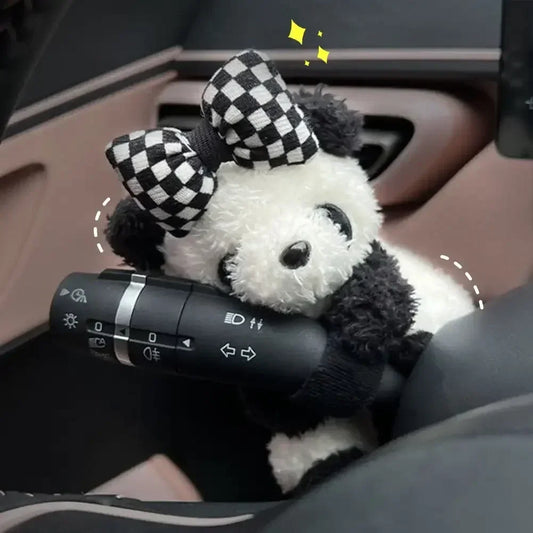 Plush Panda Clutch Decoration – Cute Bowknot Panda Car Wiper Turn Signal Switch Ornament
