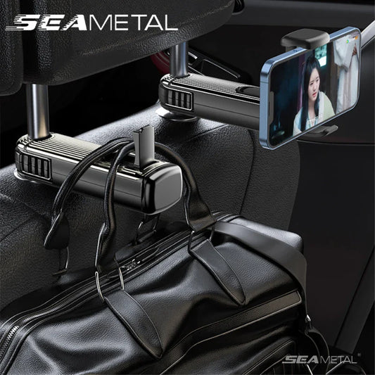 SEAMETAL 2-in-1 Car Seat Back Hook with Phone Holder – Stable Headrest Hanging Hook