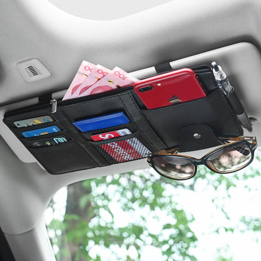 Car Sun Visor Pen & Business Card Holder – Organizer Storage Box with Sunglasses Clip