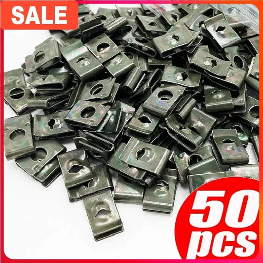 50/30/20/10pcs Car & Motorcycle U-Type Metal Retainer Clips – Army Green Self-Tapping Bumper Fastener