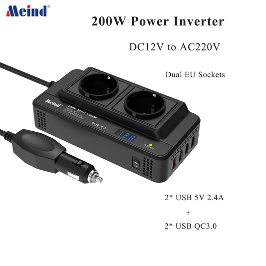 Meind 200W Car Power Inverter – 12V DC to 220V AC Converter with USB