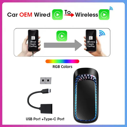Car AiBOX RGB Mini Smart Box – Wireless CarPlay & Android Auto Adapter with Bluetooth & WiFi