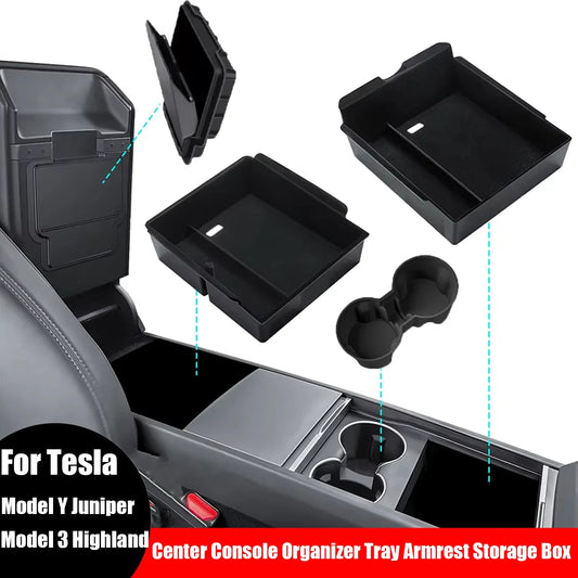 Tesla Model Y Juniper 2025 & Model 3 Highland 2024–2025 ABS Center Console Organizer Tray – Armrest Storage Box Accessories