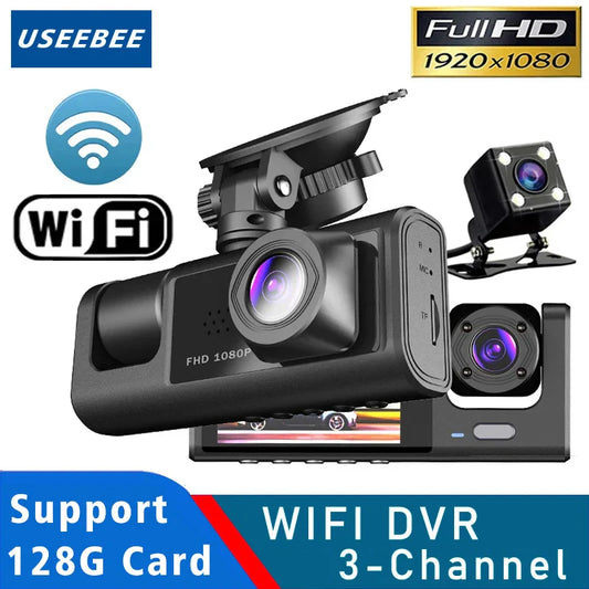 3-Camera WiFi Dash Cam – 1080P Cabin & Vehicle Three-Way DVR Recorder