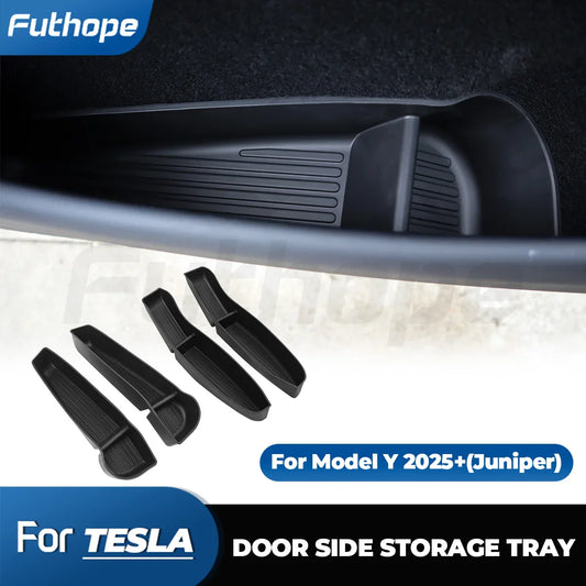 Futhope 4PCS Side Door Storage Box – For Tesla New Model Y Juniper 2025 Armrest Tray Organizer Front Door Handle Decoration