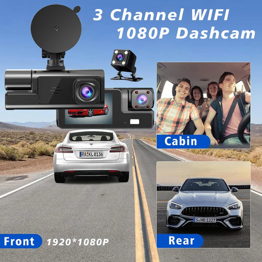 3-Camera Car DVR – 1920P WiFi Dash Cam with Inside & Outside Recording