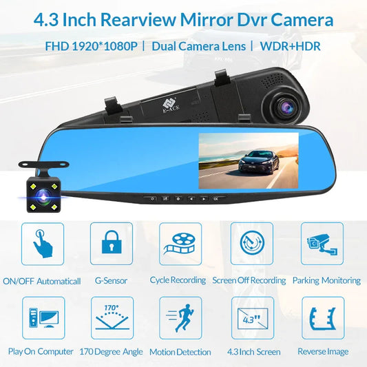 E‑ACE 4.3" Dashcam Car DVR Mirror – FHD 1080P with Optional Dual Lens