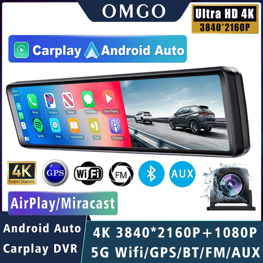 11.26" 4K 2160P Car DVR – Rear View Mirror Dash Cam with CarPlay & Android Auto