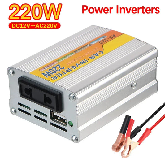 220W Car Power Inverter – 12V DC to 220V AC Converter with USB & Battery Clips