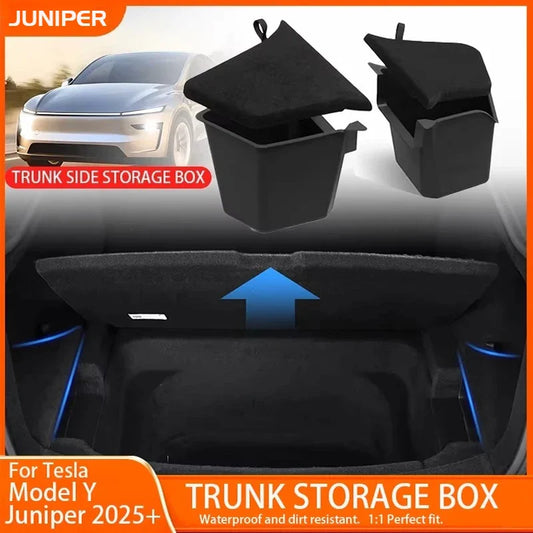 Tesla Model Y Juniper 2025 Rear Trunk Side Storage Organizer – TPE Bin with Flocking Mat & Partition Board