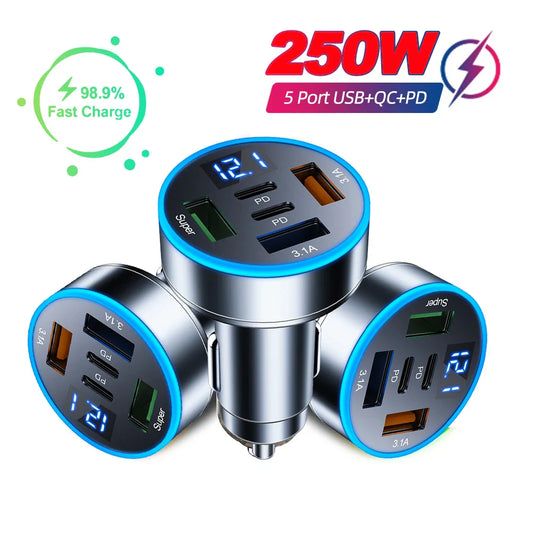 3USB 2PD 250W Car Charger – Fast Charging PD USB Type-C Adapter