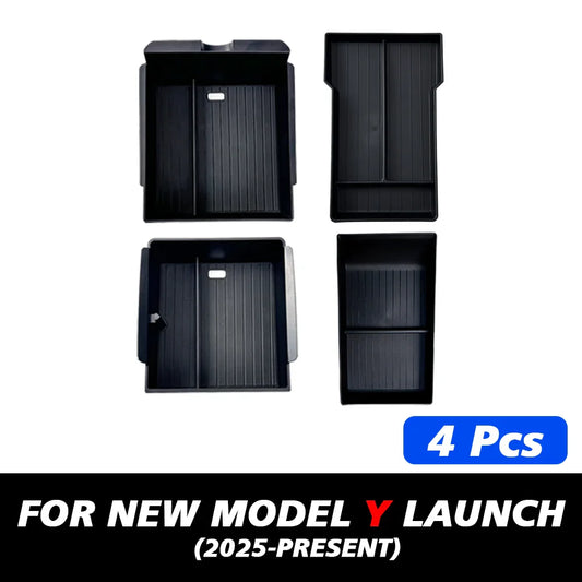 Tesla New Model Y 2025 Launch Juniper ABS Storage Box – With Silicone Non-slip Mat for Console, Armrest & Upper/Lower Water Cup