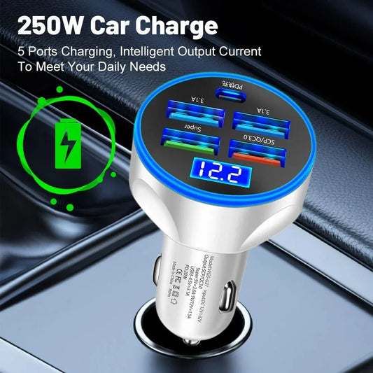 Car 250W Phone Charger – 6-Port Fast Charging PD QC3.0 USB-C Adapter